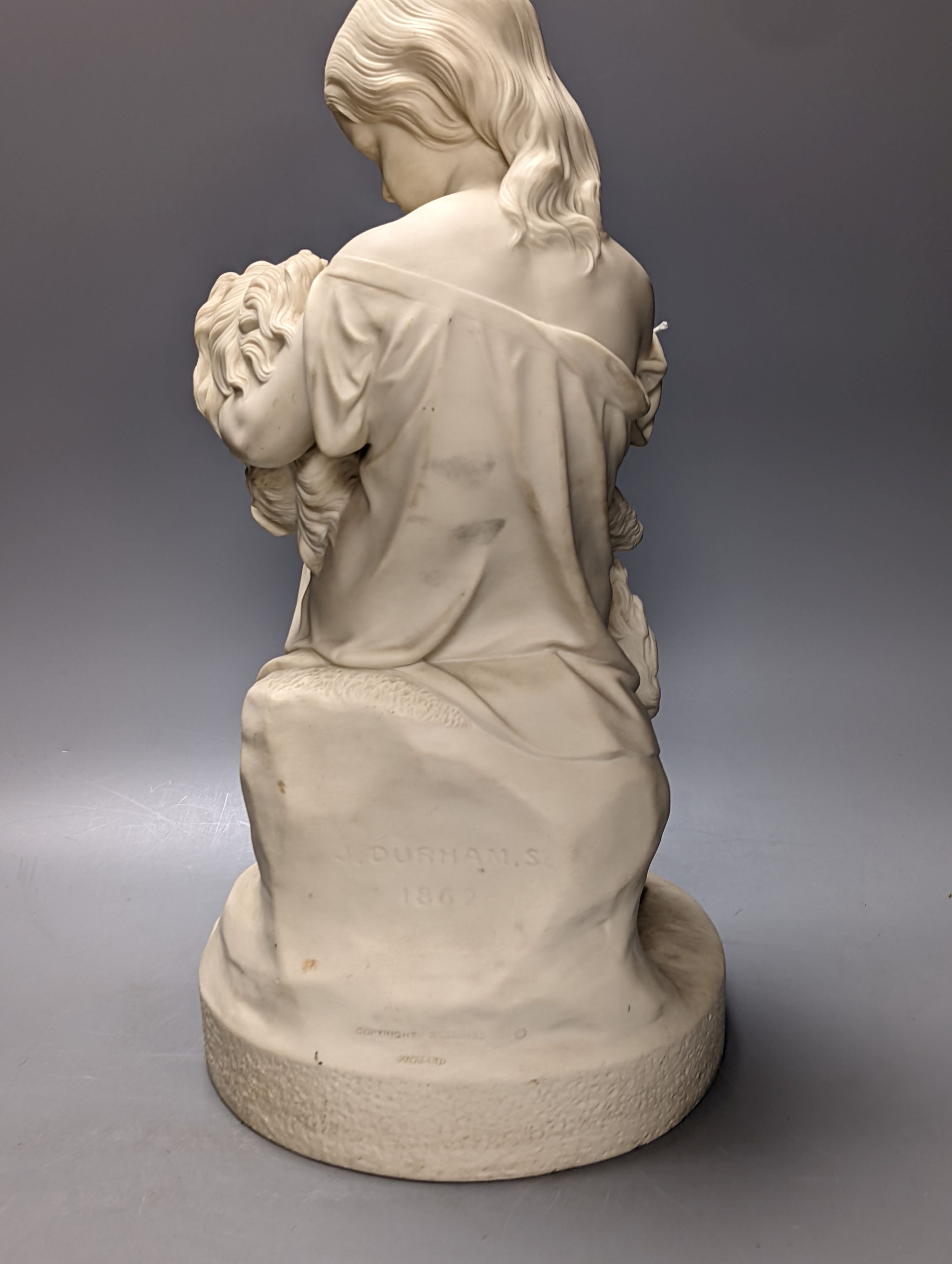 A Copeland Parian group Girl with dog entitled 'Go to sleep' 45cm
